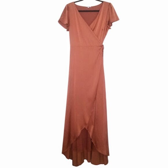 BALTIC BORN | Krystal Satin Wrap Maxi Dress Cinnamon Orange Flutter Sleeve Gown - Picture 2 of 14